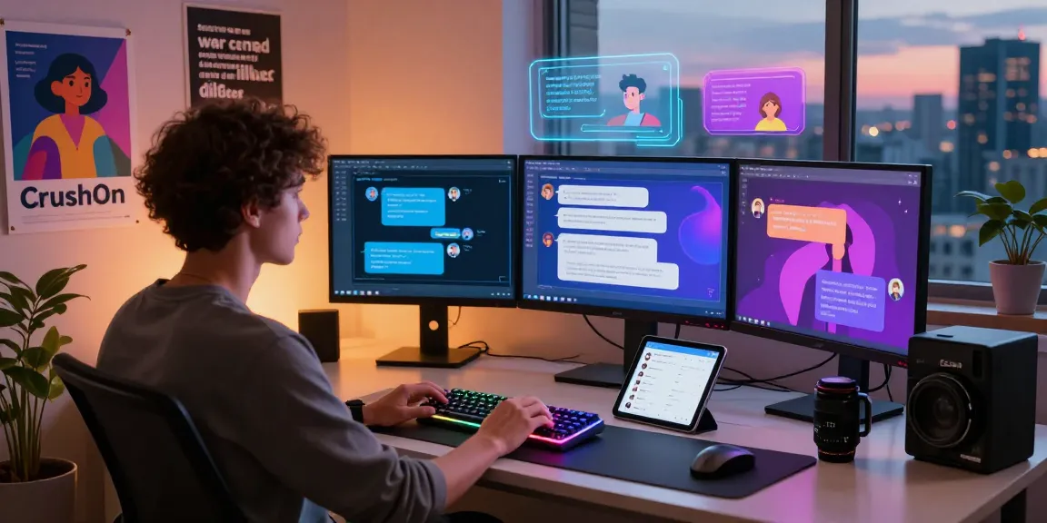 Engaging user interacting with CrushOn AI in a modern tech space, showcasing vibrant avatars and chat interfaces.