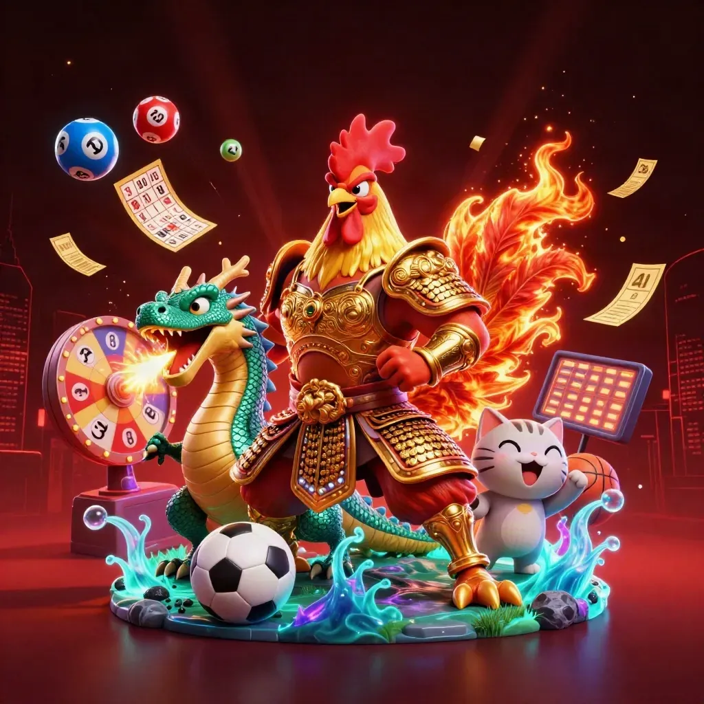 Samurai rooster, dragon hatchling and fortune cat amid betting icons on a neon sportsbook backdrop.