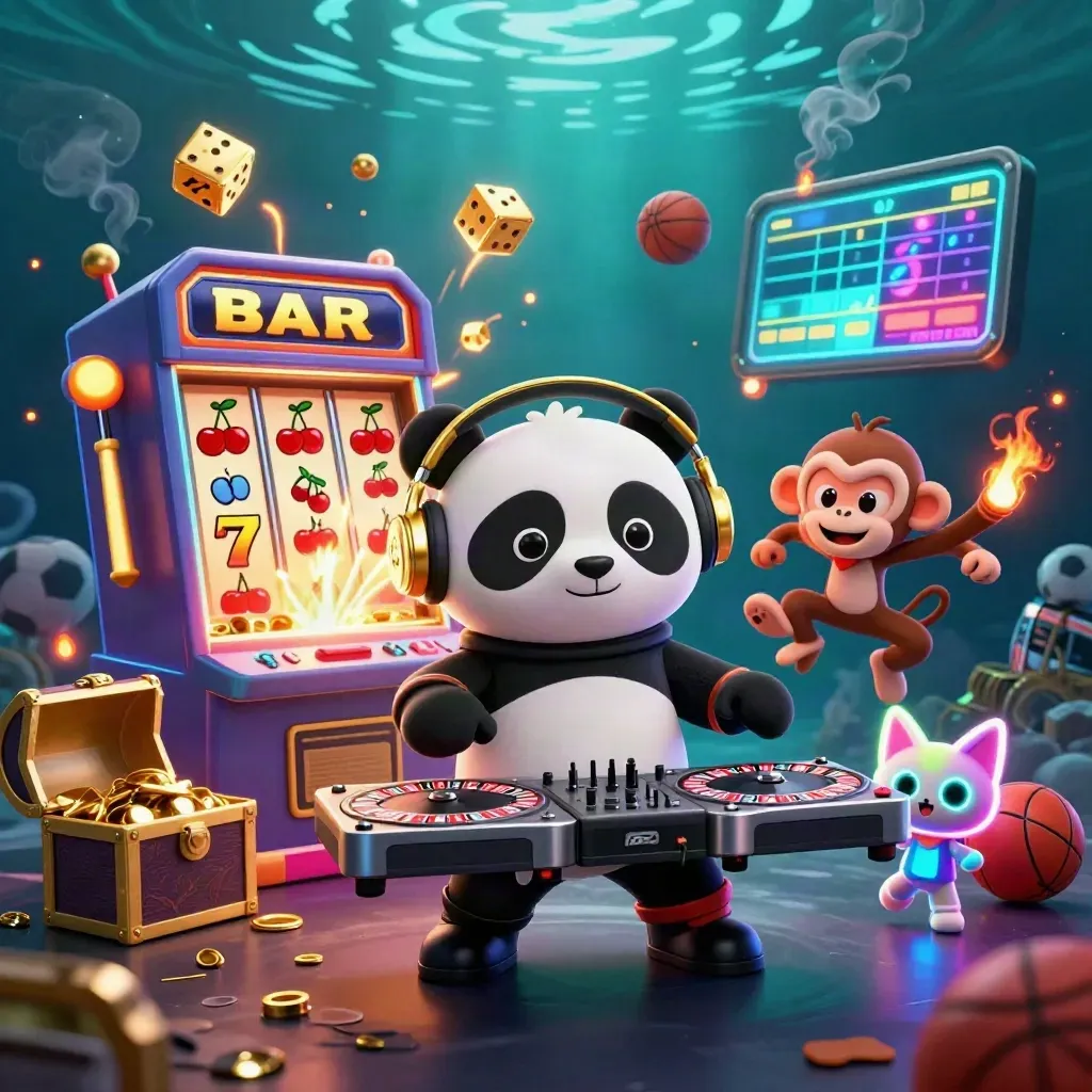 Panda DJ, monkey, and glow-stick kitten amid slot burst, gold dice, and sports balls