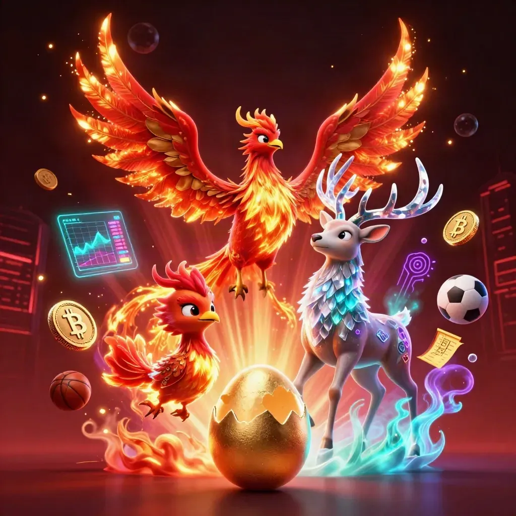 Phoenix, baby phoenix, and crystal-antlered stag amid crypto coins, balls, and neon sportsbook effects.