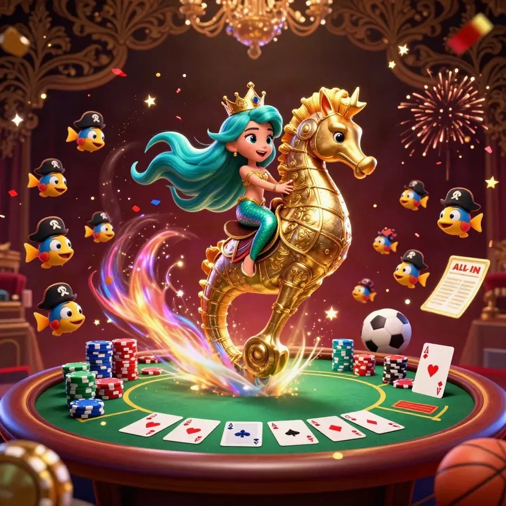 Mermaid princess on armored seahorse with poker chips, cards, balls, confetti, and casino glow.