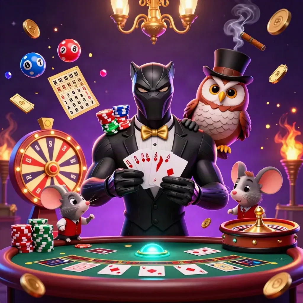 Panther dealer, owl, and mouse in a jewel-lit casino with wheels, cards, smoke, and glowing gold