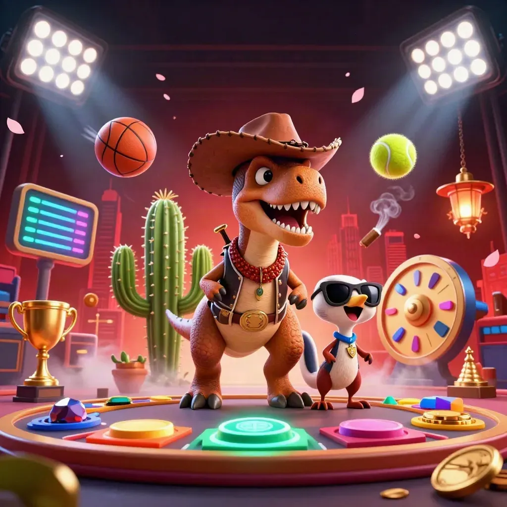 Cowboy T-Rex, cactus sidekick, and roadrunner in a neon casino sports burst