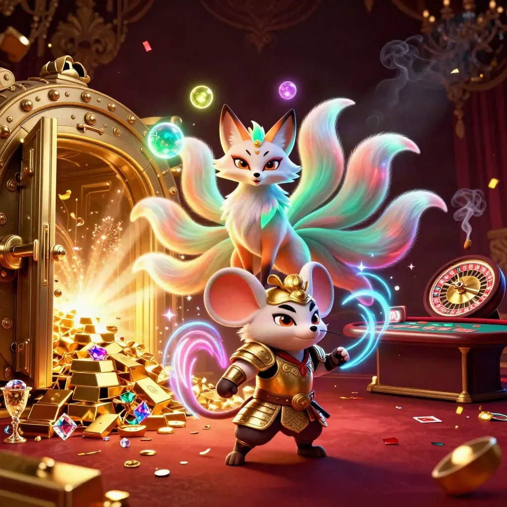 Neon fox spirit, armored mouse, vault riches, roulette wheel, and casino lights in a luxe dark scene.