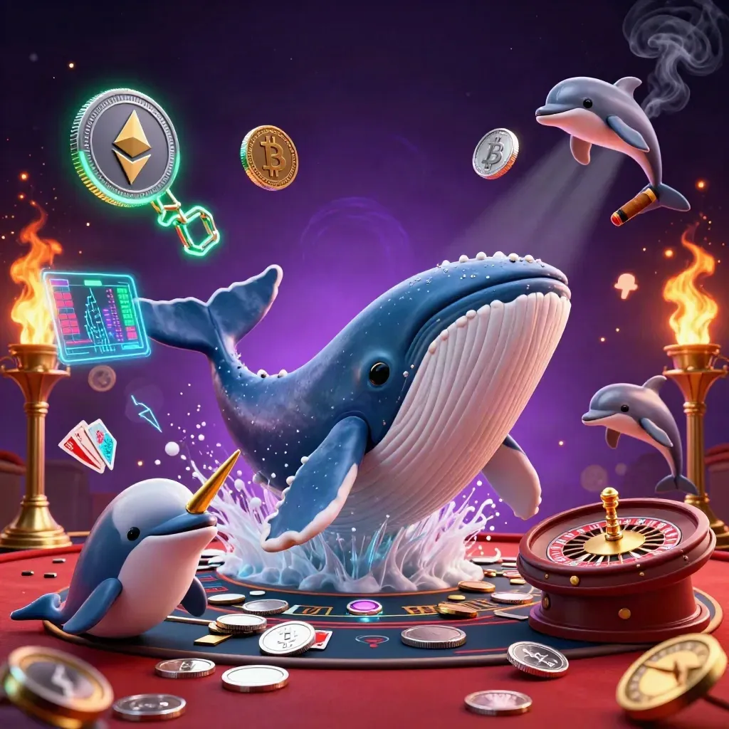 Whale captain, narwhal, and dolphins in a neon casino storm with coins, cards, and a roulette wheel.
