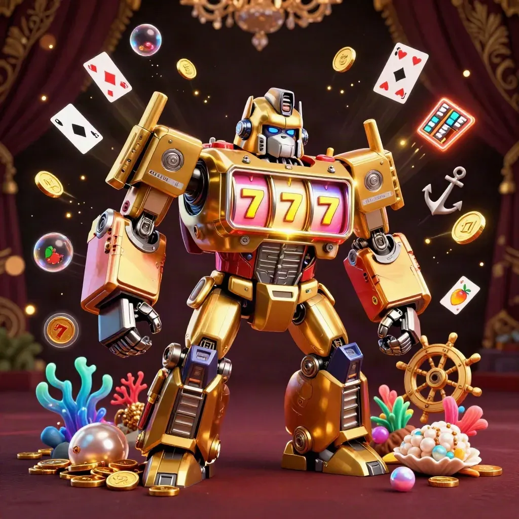 Golden gorilla mech with tiny monkey pilot exploding through a jeweled treasure cove