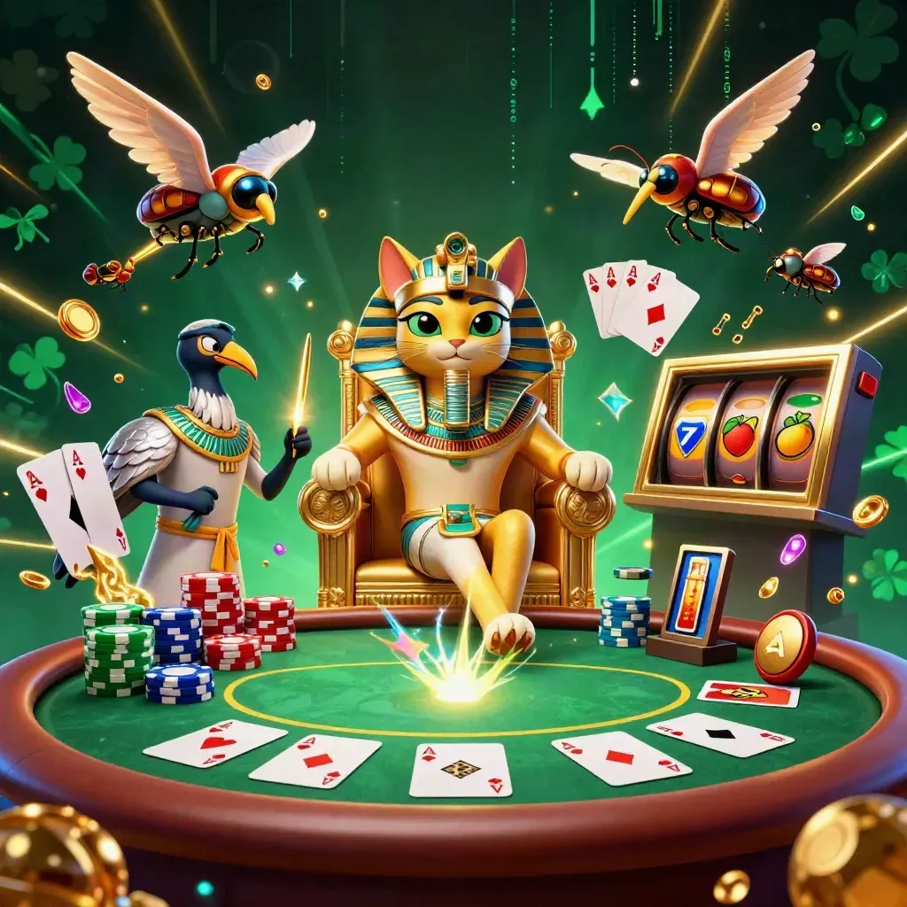 Pharaoh cat, ibis scribe, and gem-wing scarabs erupting in a neon casino battle scene.