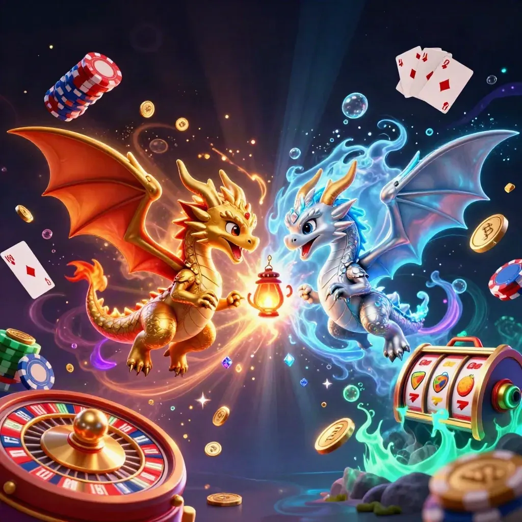 Gold and silver dragons clash in a yin-yang burst with coins, gems, cards, and neon casino energy.