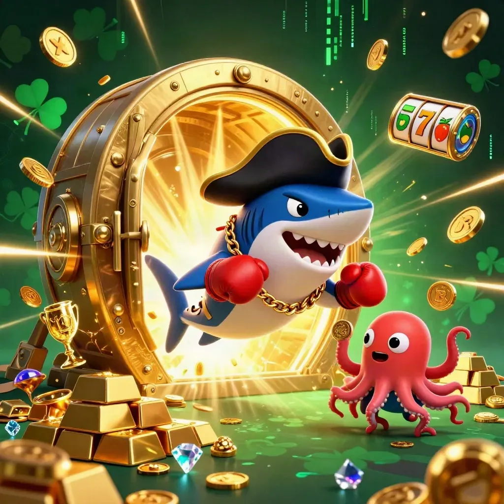 Pirate shark, boxing pufferfish and juggling octopus burst from a glowing treasure vault