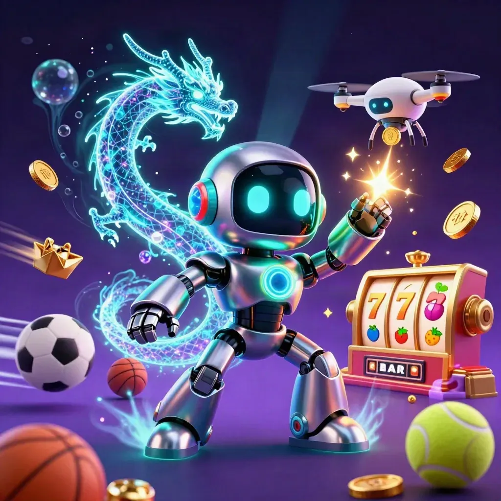 Cyberpunk robot, holographic dragon, and drone amid sports balls, coins, trophy, and neon casino effects