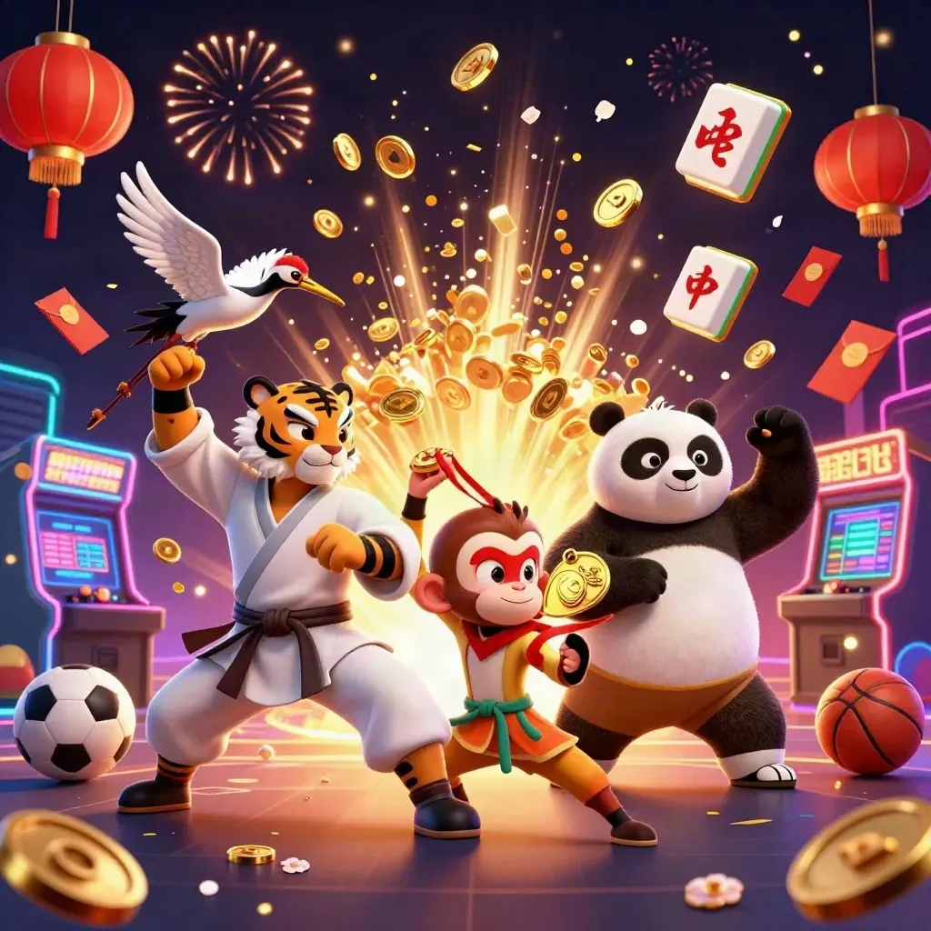 Kung-fu tiger, panda, and monkey amid gold coins, fireworks, and casino-sport energy.