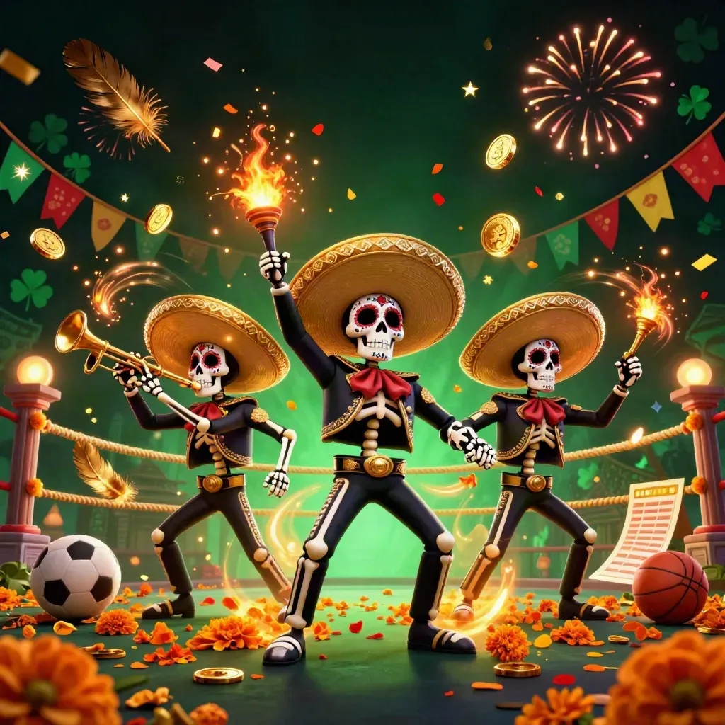 Mariachi skeleton trio amid coins, fireworks, sports props, and neon casino energy.