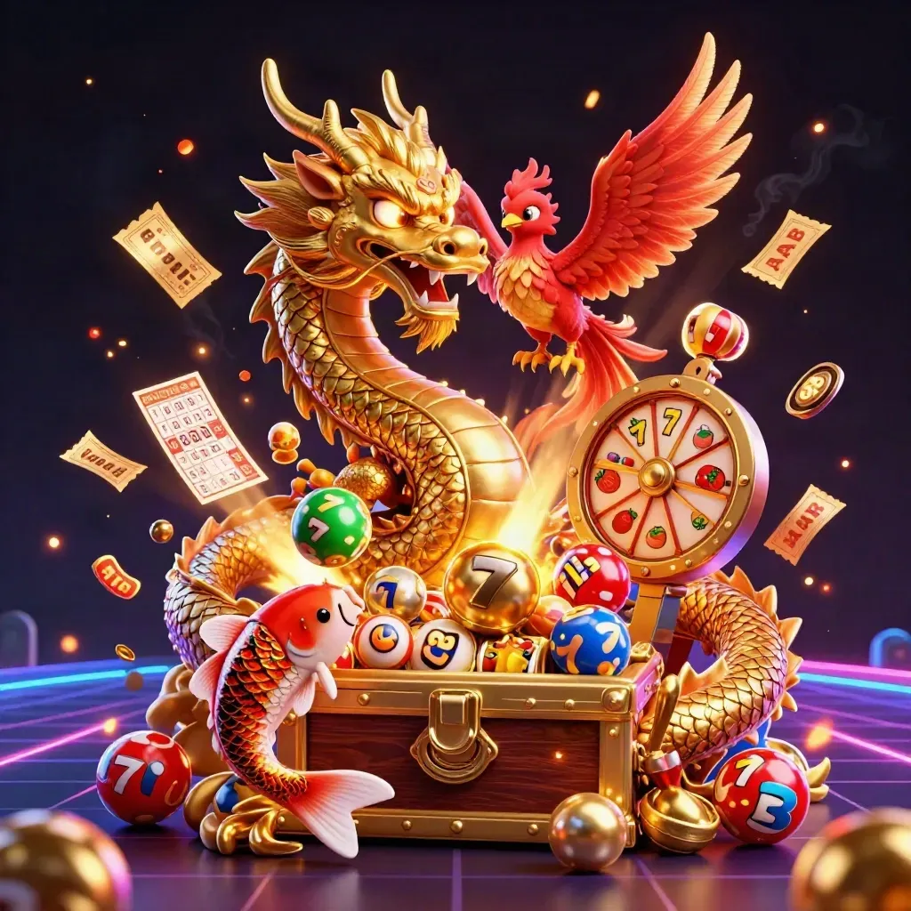 Golden dragon with phoenix and koi amid casino symbols, dark neon sportsbook game art.