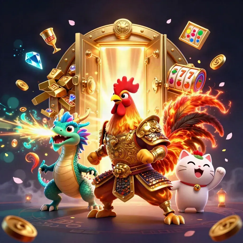 Rooster warrior, spark-breathing hatchling, and lucky cat amid vault gold and casino lights.