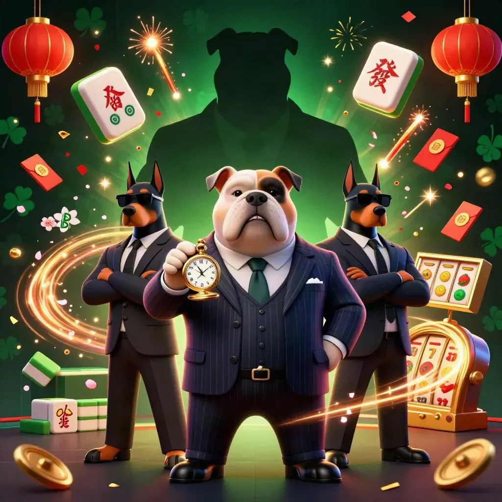 Bulldog boss and two Dobermans amid casino luck symbols, fireworks, and neon glow on dark emerald