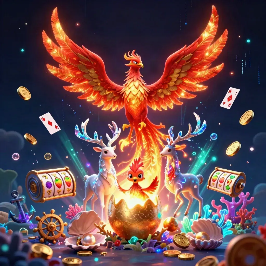Fiery phoenix, hatchling, and crystal stag amid casino treasure and neon effects.