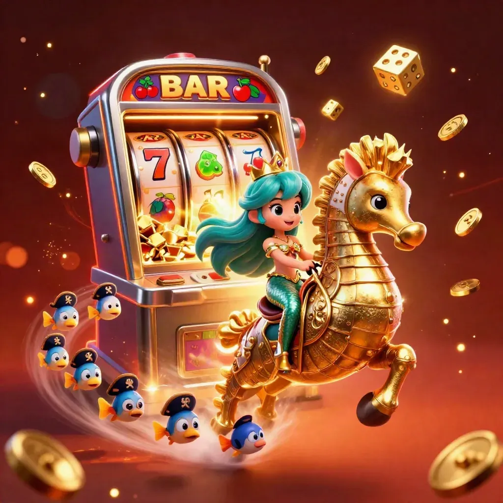 Mermaid princess rides a seahorse while a slot machine bursts with fish, coins, and jackpot sparks.